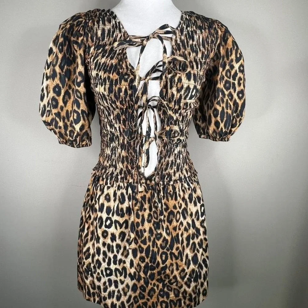 Leopard Print Tie-Front Mini Dress - Brown - Picture 1 of 7